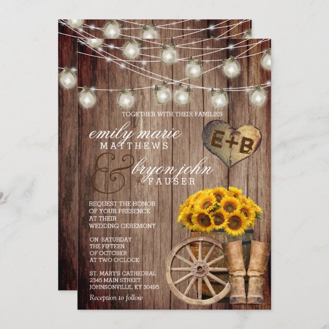 Invitation Beau tonneau en bois rustique et tournesols (Devant / Derrière)