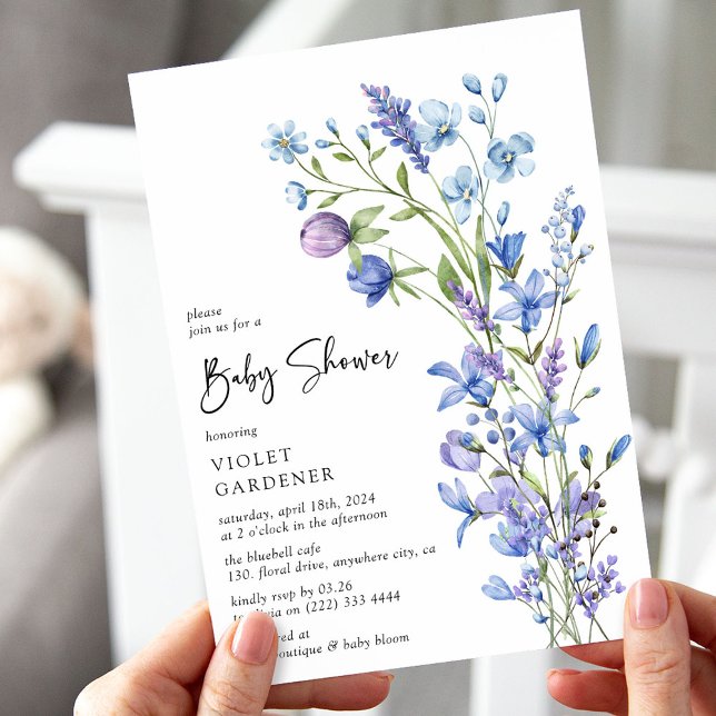 Invitation Beauté Botanique Bleue Fête de Bébé Fleur Sauvage (Créateur téléchargé)