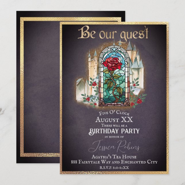 Invitation Beauté de vitrail et la Bête Château gothique  (Devant / Derrière)