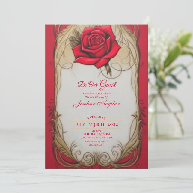 Invitation Beauté et la Bête Or et Rose Rouge Sweet 16 (Debout devant)
