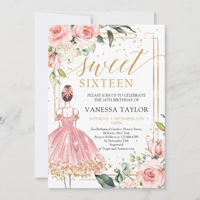 Invitation Beauté fille robe floral blush or sweet sixteen (Devant)