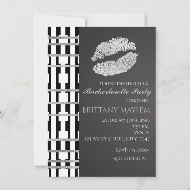 Invitation Beauté Lèvres Kiss Fête Noir Blanc & Faux Argent (Devant)