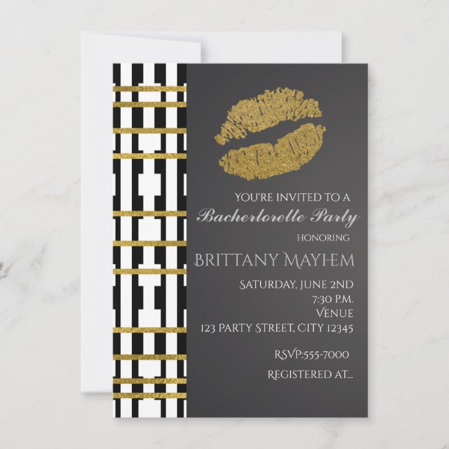 Invitation Beauté Noir Blanc & Or Faux Baiser de Levres Fête (Devant)