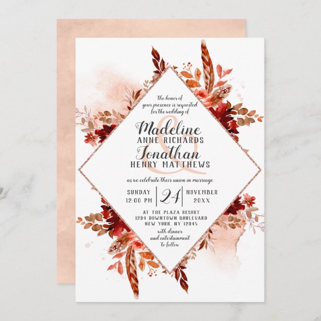 Invitation Beauté Rustique Boho Floral Diamond Mariage de cad (Devant / Derrière)