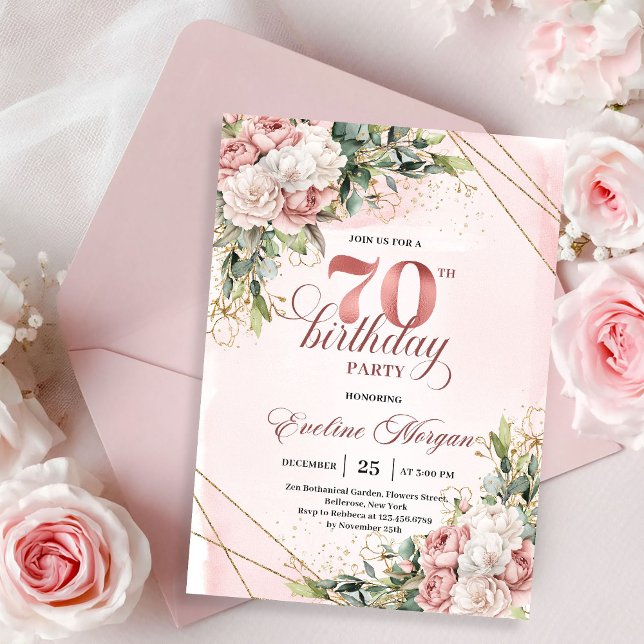 Invitation Beautiful Blush Pink Watercolor Floral 70 Birthday (Beautiful Blush Pink Watercolor Floral 70th Birthday Invitation)