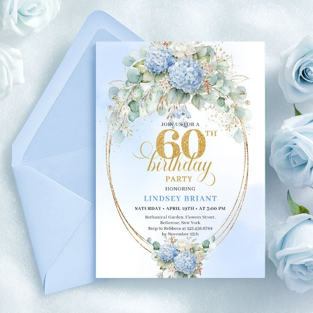 Invitation Beautiful Boho Dusty Blue Floral Gold 60 Birthday (Beautiful Boho Dusty Blue Floral Gold 60th Birthday)