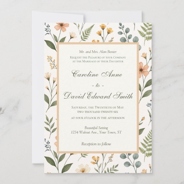 Invitation Beautiful Pastel Neutral Wildflowers and Ferns (Devant)