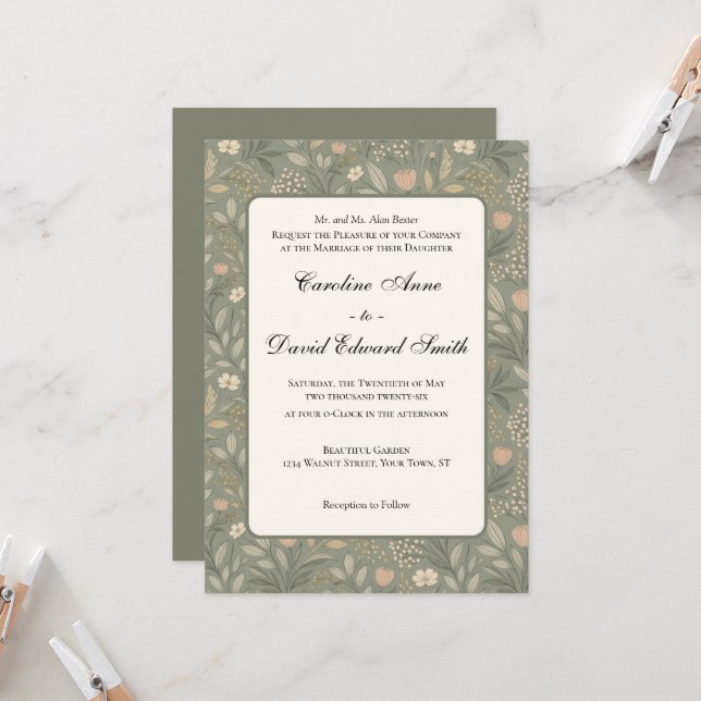 Invitation Beautiful Soft Flowers on Sage Green Muted Earthy (Devant/Arrière en situation)