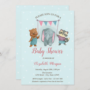 Invitation Beaux animaux, Baby shower à points bleus