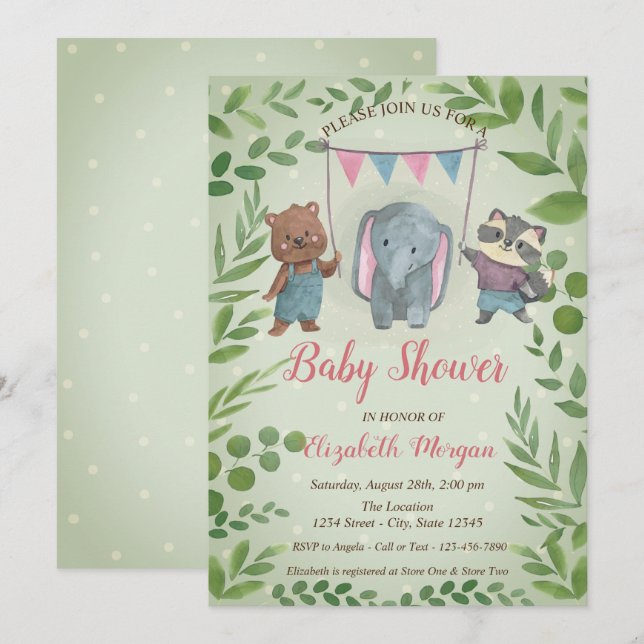Invitation Beaux Animaux, Feuille, Baby shower à points bleus (Devant / Derrière)