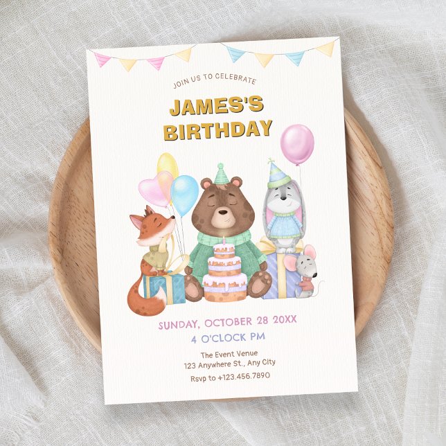 Invitation Beaux animaux pastel couleur fête d'anniversaire (Créateur téléchargé)
