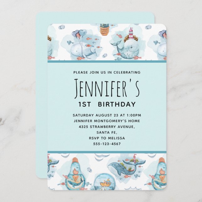 Invitation Beaux Baleines nautiques Aquarelle Motif Anniversa (Devant / Derrière)