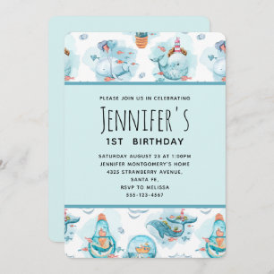 Invitation Beaux Baleines nautiques Aquarelle Motif Anniversa