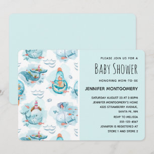 Invitation Beaux Baleines nautiques Aquarelle Motif Douche