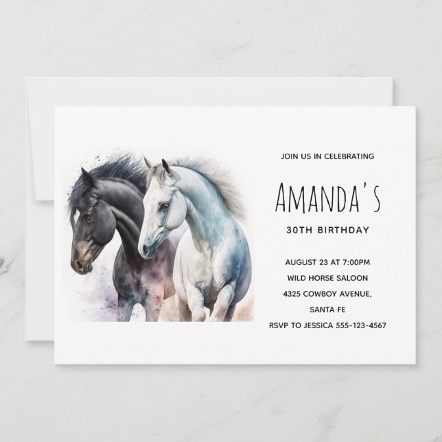 Invitation Beaux Chevaux à l'aquarelle pour un Anniversaire (Devant)