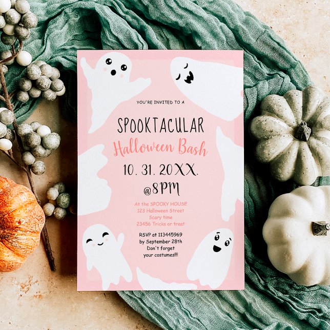 Invitation Beaux fantômes blancs pastel rose Halloween bash (Cute white ghosts pastel pink Halloween bash Invitation)