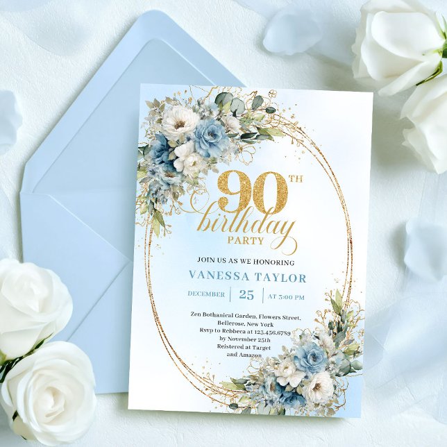 Invitation Beaux Fleurs Bleu Poussiéreux Blanc 90e Anniversai (Beautiful Boho Dusty Blue White Flowers 90th Birthday)