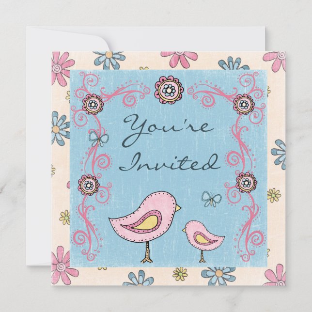 Invitation Beaux oiseaux et fleurs Filles Baby shower Invitat (Devant)