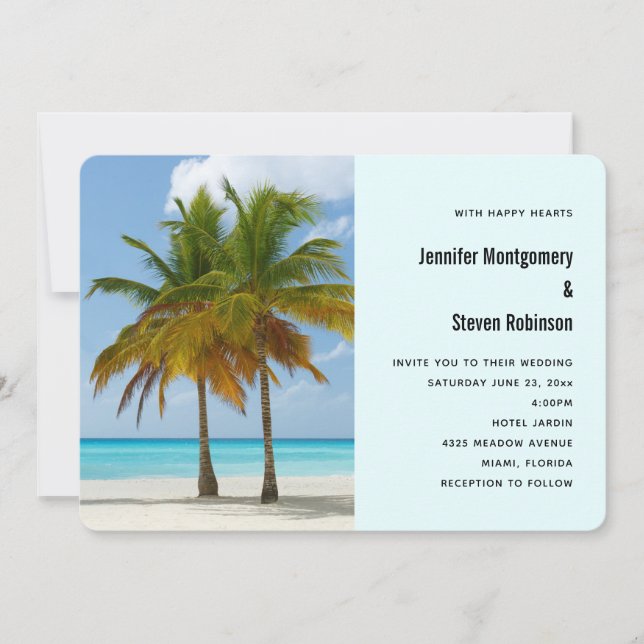 Invitation Beaux palmiers sur un mariage tropical de plage (Devant)