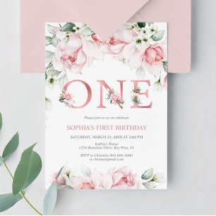 Invitation Bébé 1er Anniversaire Blush & Rose Gold Floral