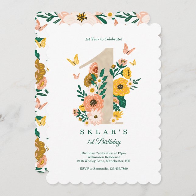 Invitation Bébé 1er anniversaire Printemps Florals Papillons (Devant / Derrière)