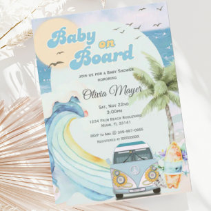 Invitation Bébé à bord Baby shower de plage Retro Surfing