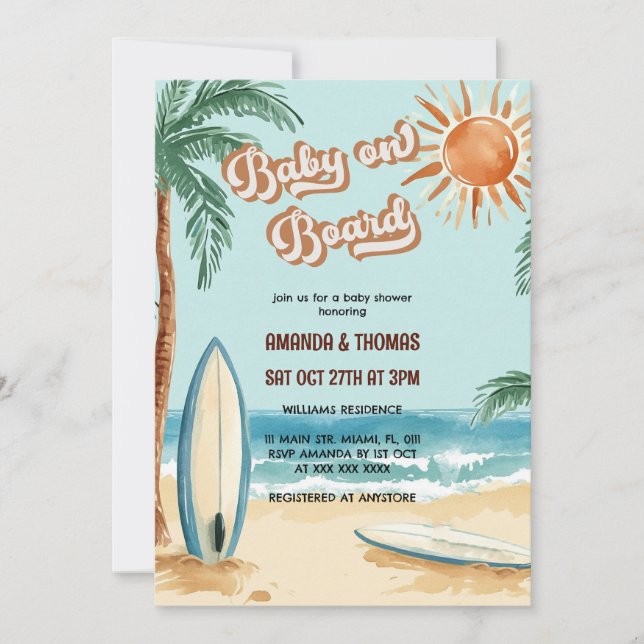 Invitation Bébé à bord Baby Shower Planche de Surf (Devant)