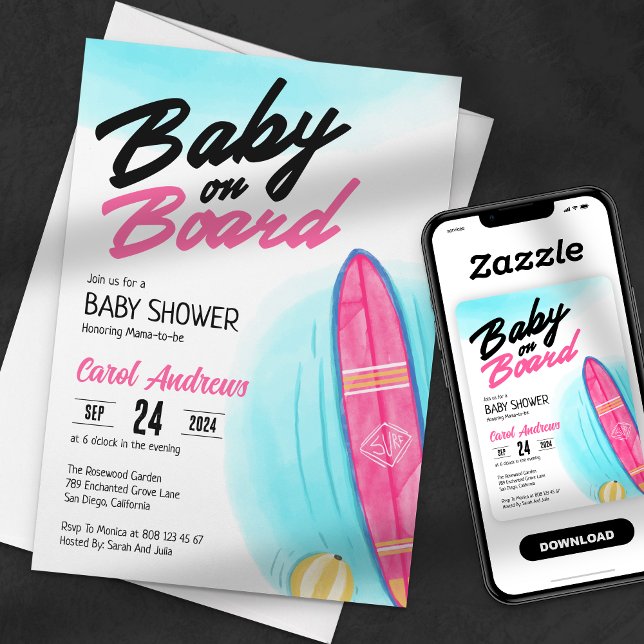 Invitation Bébé à Bord Baby Shower Planche de Surf Rose (Créateur téléchargé)