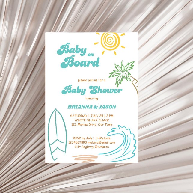 Invitation Bébé à bord baby shower rétro de doodle surf (Baby on board retro doodle sketch summer surfing baby shower invitation template instant download)