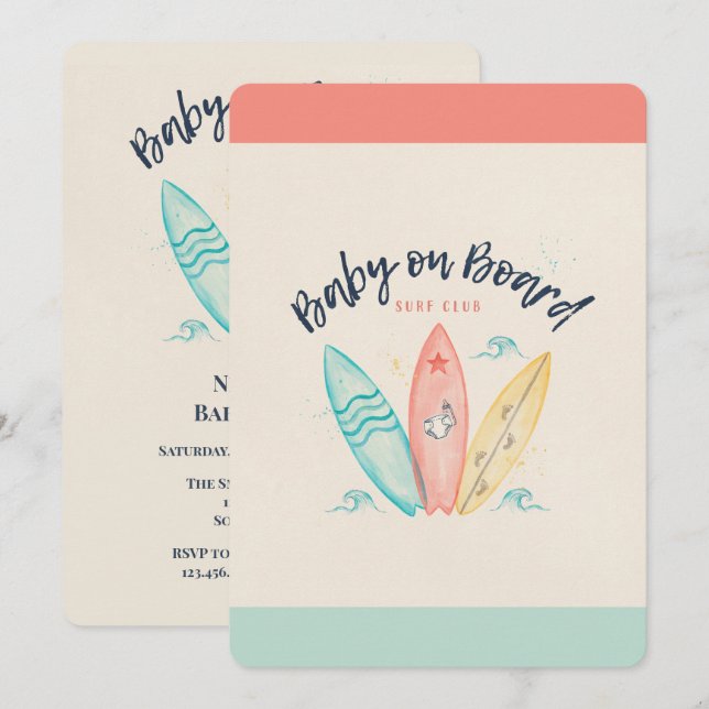 Invitation Bébé à bord Baby Shower Surfboard  (Devant / Derrière)