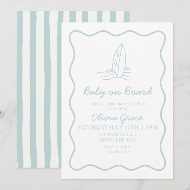 Invitation Bébé à bord doodle Planche de surf Fête de naissan (Devant / Derrière)