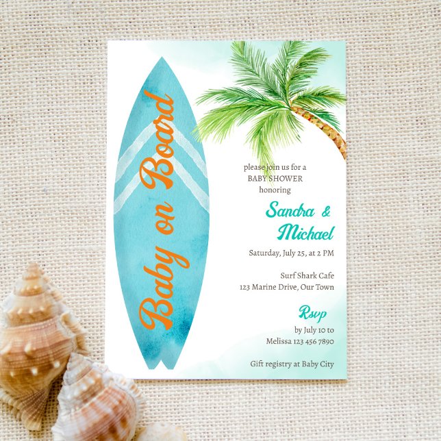 Invitation Bébé à bord du baby shower de plage de surf tropic (Créateur téléchargé)