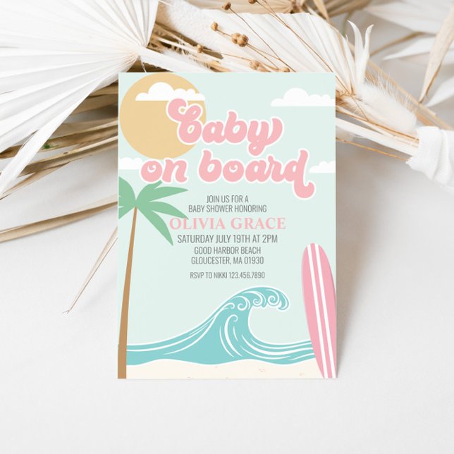 Invitation Bébé à bord Fête de naissance bébé plage rose surf (Créateur téléchargé)