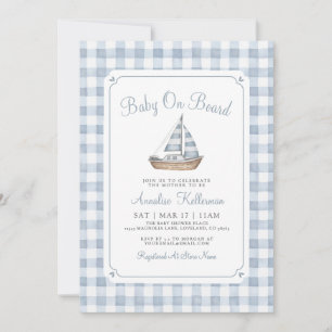Invitation Bébé à Bord Gingham Naissance Marin