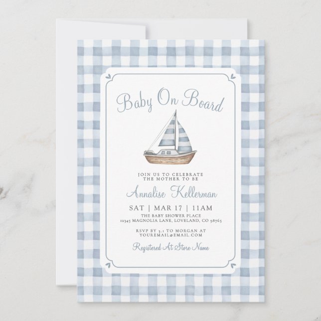 Invitation Bébé à Bord Gingham Naissance Marin  (Devant)