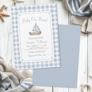 Invitation Bébé à Bord Gingham Naissance Marin 