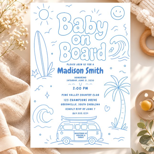 Invitation Bébé à bord Plage Surf Bébé Shower Été Rétro (Créateur téléchargé)