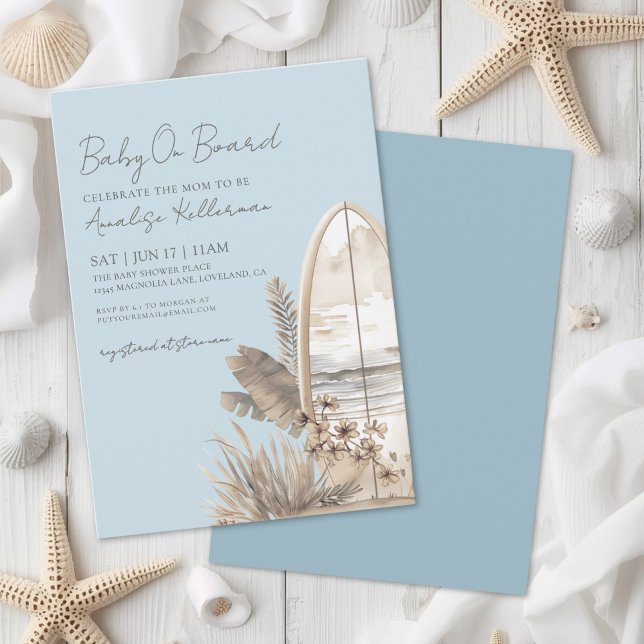 Invitation Bébé à Bord Shower Bleu Bohème de Plage pour Bébé (Baby On Board Blue Boho Beach Baby Shower Invitation)
