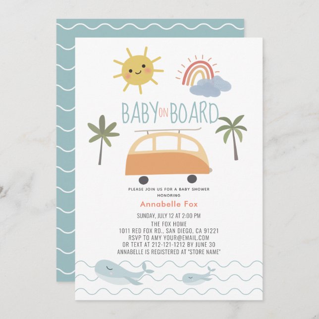 Invitation Bébé à bord Sunshine Rainbow Van Baby shower (Devant / Derrière)