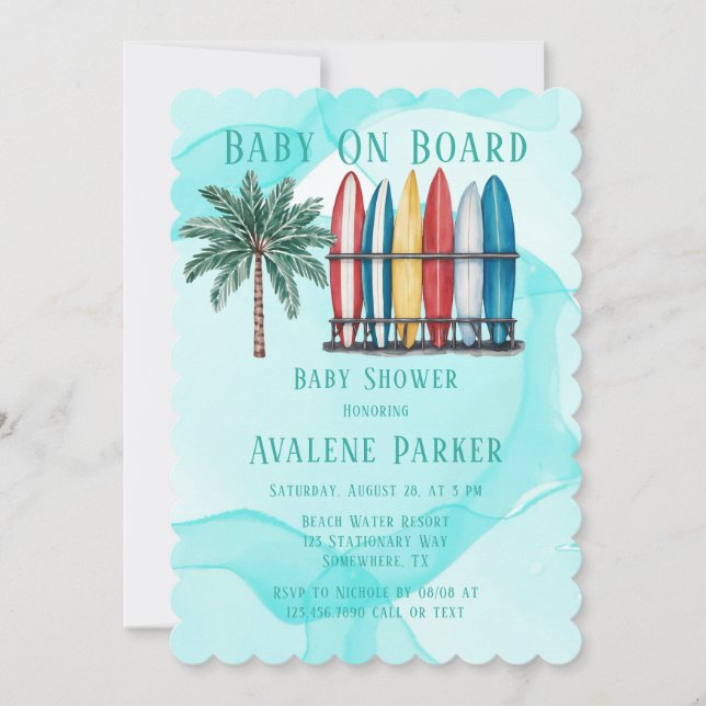 Invitation Bébé à bord surf Baby shower Turquoise (Devant)
