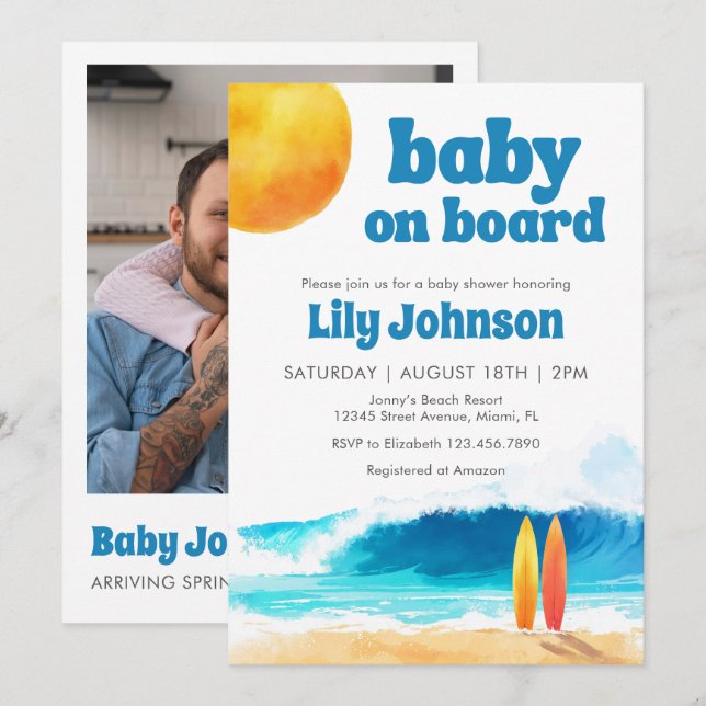 Invitation Bébé à Bord Surf Beach Baby Shower Code QR Photo (Devant / Derrière)
