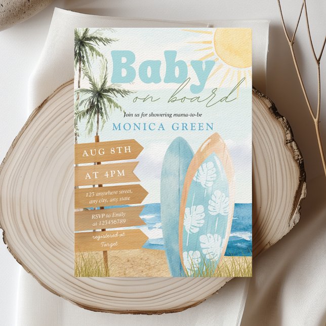 Invitation Bébé à bord Surf Beach Baby shower côtier mignon (Baby on Board Surfing Surfboard Baby Shower Boy Pastel Colors Ocean Beach Coastal Aesthetic)