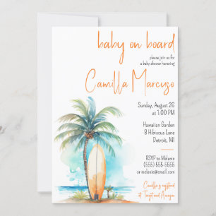 Invitation Bébé à bord, Surf-board, Baby shower Palm Tree