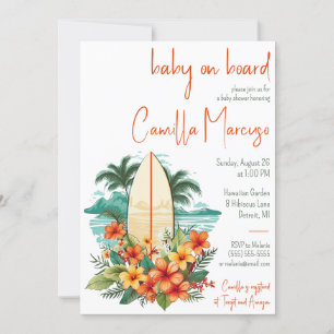 Invitation Bébé à bord, Surf-board, Baby shower Palm Tree