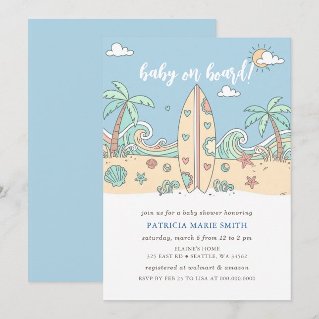 Invitation Bébé à bord surf board plage garçon Baby Shower (Devant / Derrière)
