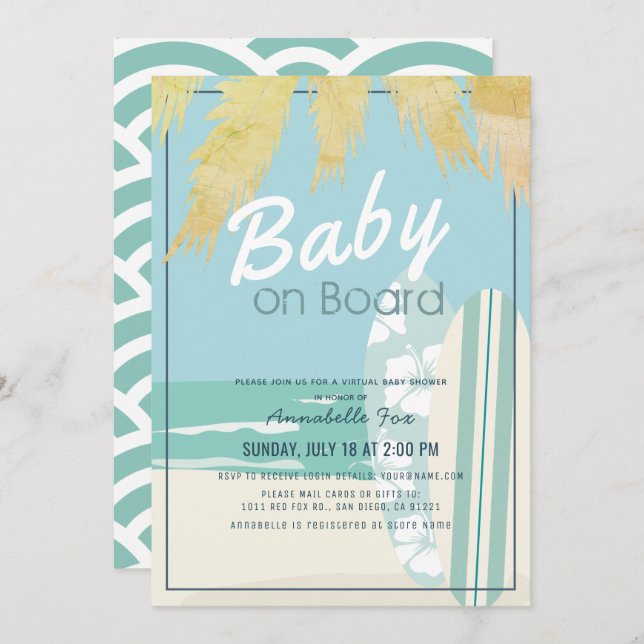 Invitation Bébé à bord Surf de plage garçon Baby shower virtu (Devant / Derrière)