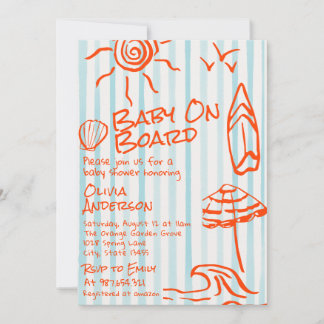 Invitation Bébé à bord surf d'été dessin à la main Baby Showe