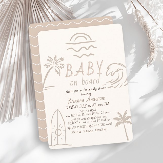 Invitation Bébé à bord Surf Doodle Beige Baby Shower (Créateur téléchargé)