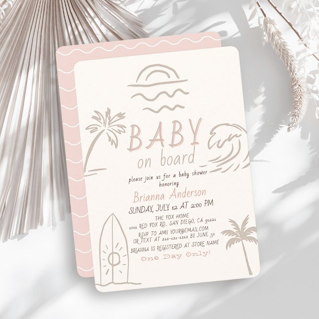 Invitation Bébé à Bord Surf Doodle Rose Fille Baby Shower (Créateur téléchargé)