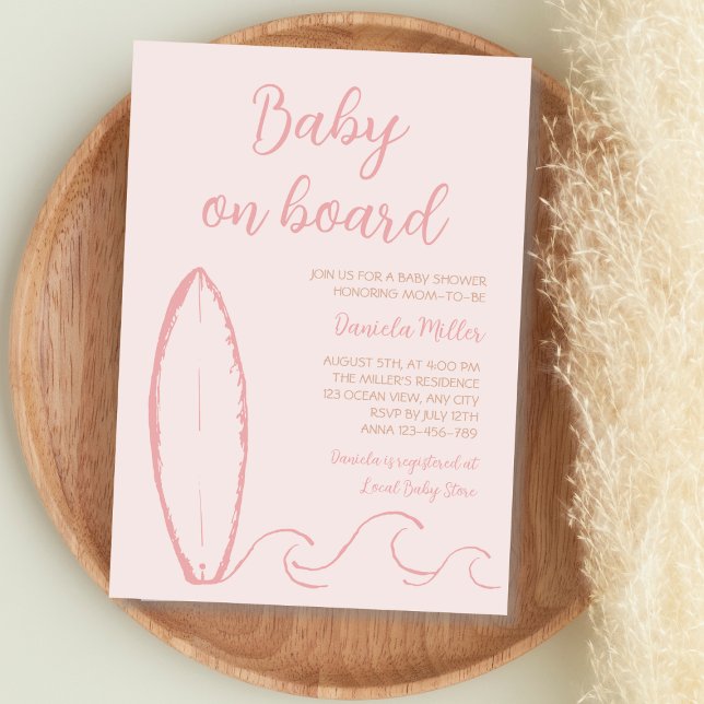 Invitation Bébé à bord Surf main tiré bébé fille douche (Baby On Board Surf Hand Drawn Baby Girl Shower Invitation)